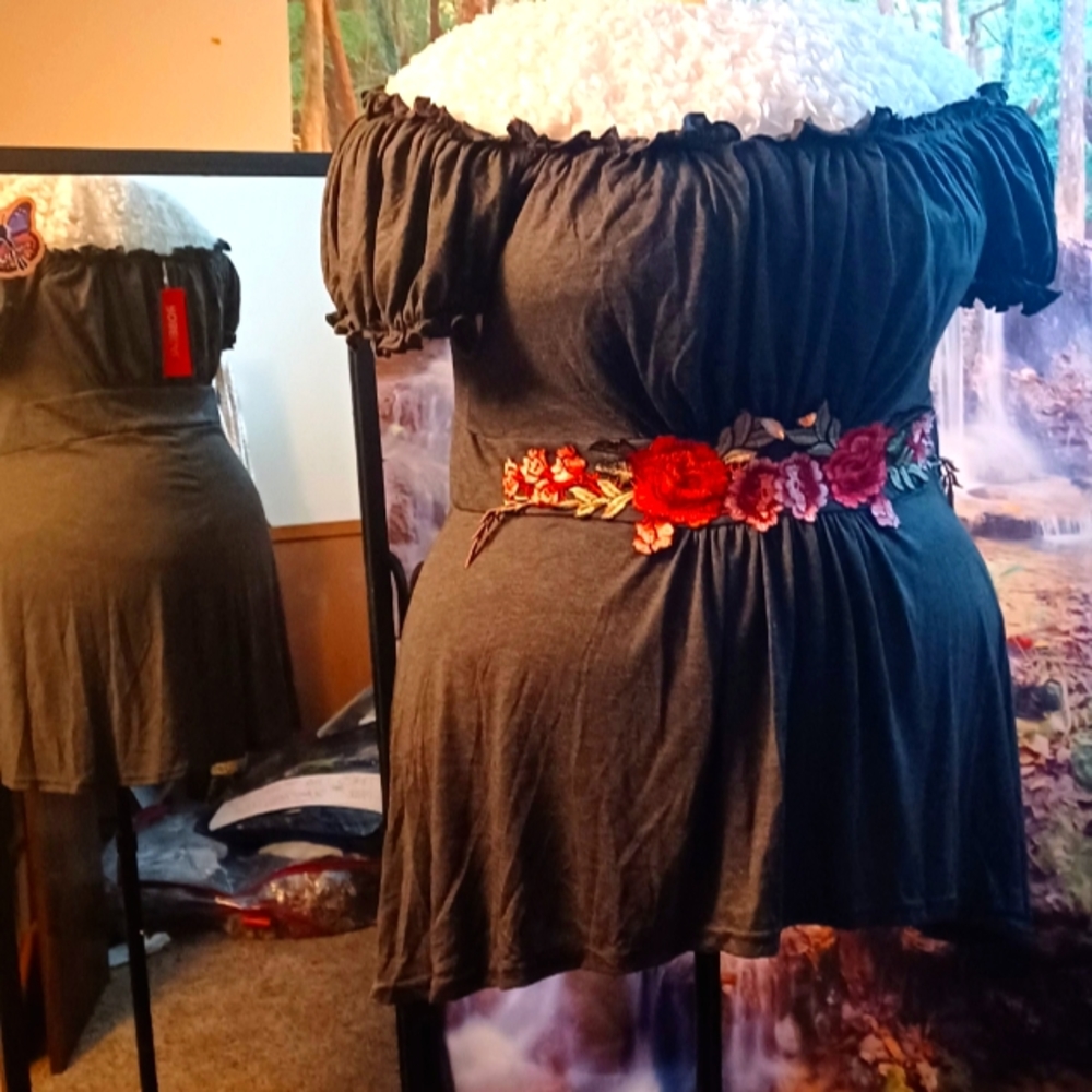 Plus Size Ruffled Off the Shoulder Embroidered Rose High Low T Shirt
